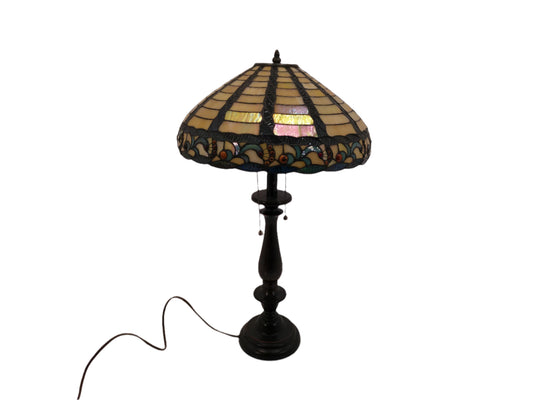 tiffany style stained glass bronze wood lamp Vintage