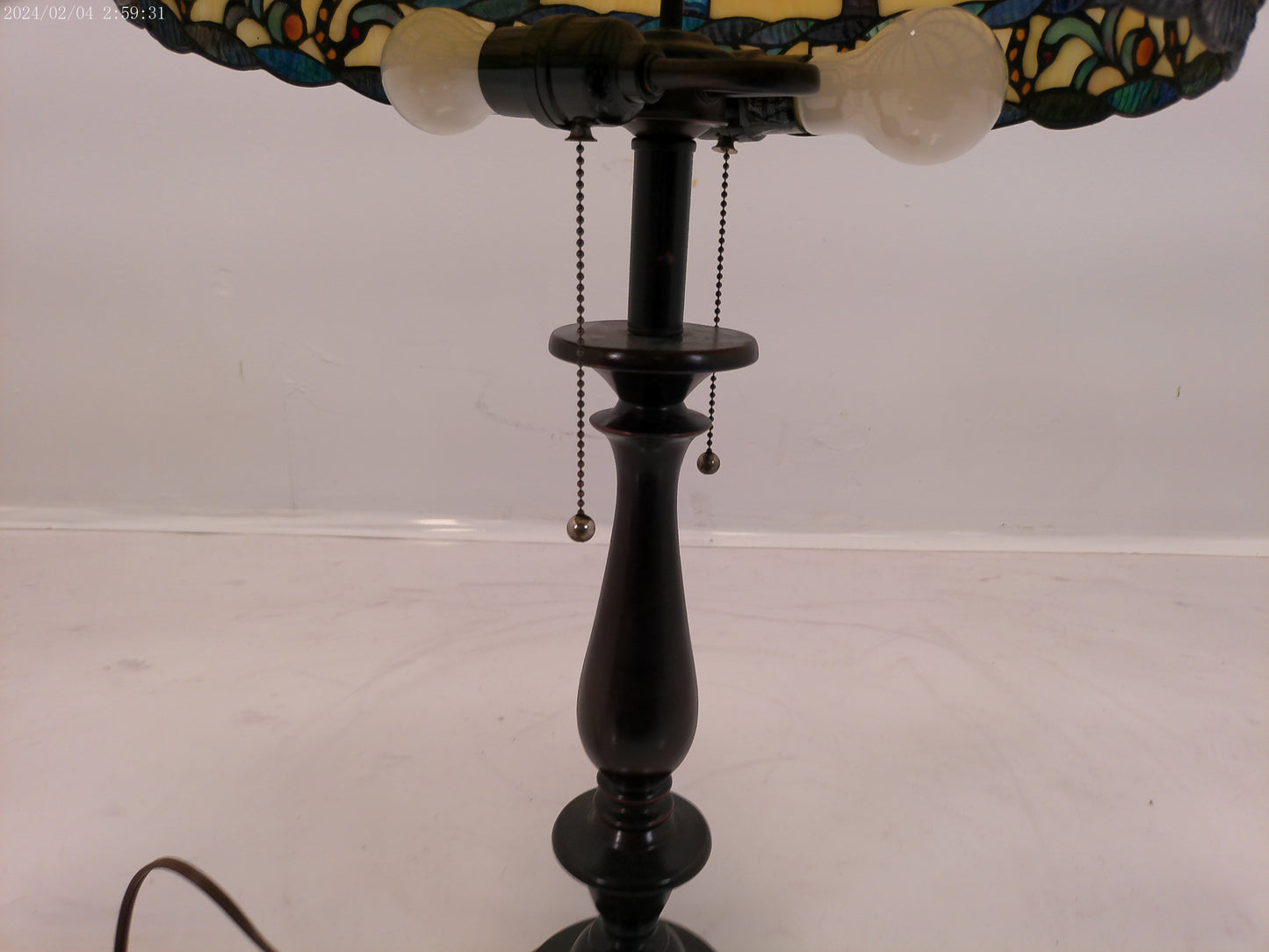 tiffany style stained glass bronze wood lamp Vintage