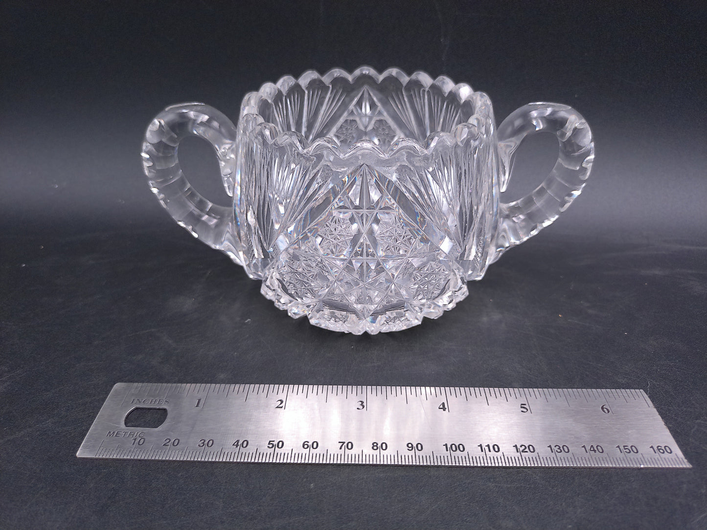 Lead Crystal Sugar Bowl Deeply Cut with Intricate Design and Double Handles