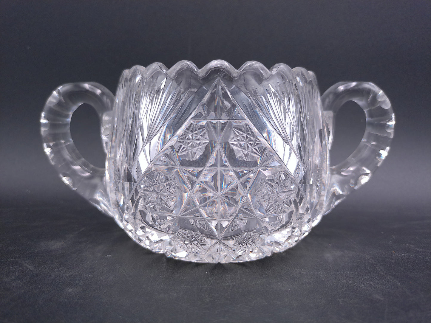 Lead Crystal Sugar Bowl Deeply Cut with Intricate Design and Double Handles