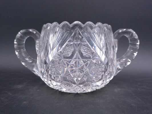 Lead Crystal Sugar Bowl Deeply Cut with Intricate Design and Double Handles