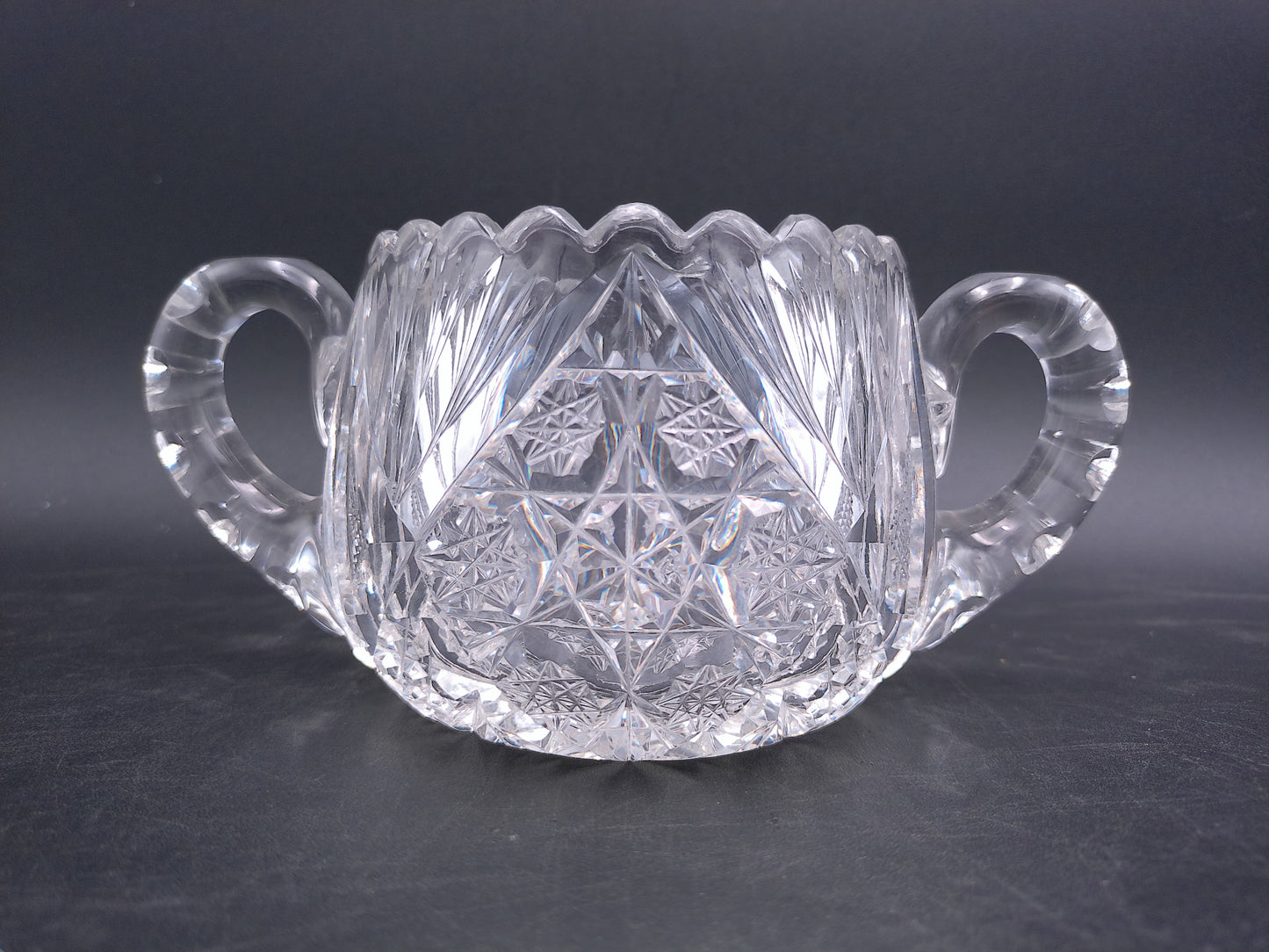 Lead Crystal Sugar Bowl Deeply Cut with Intricate Design and Double Handles