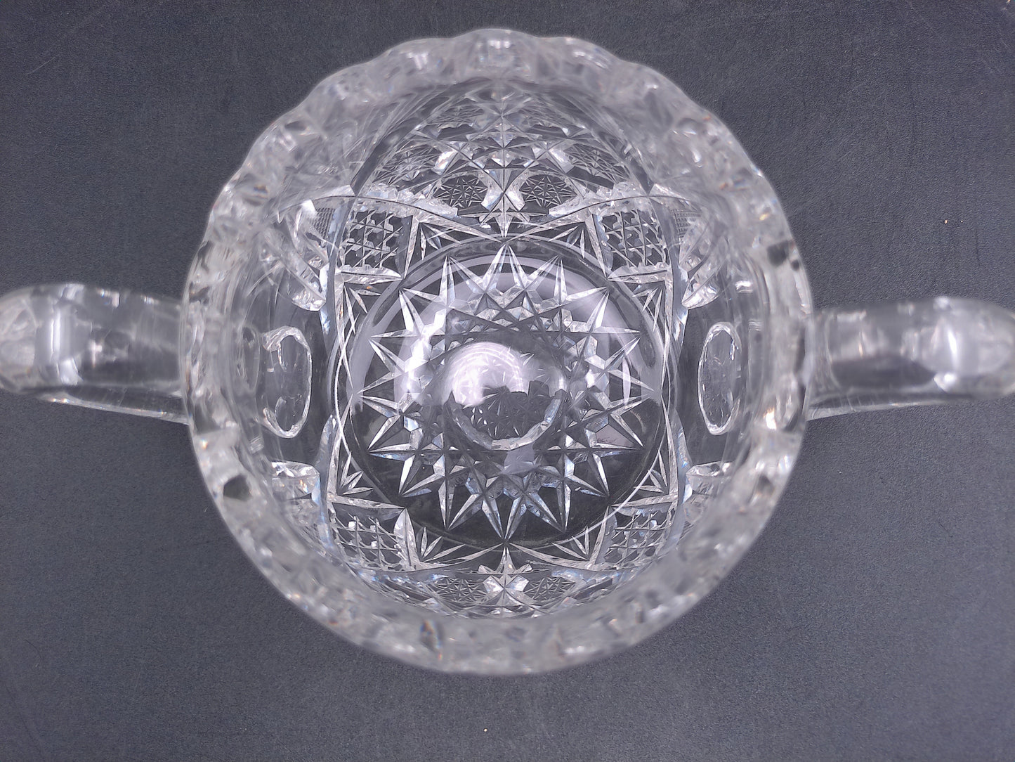Lead Crystal Sugar Bowl Deeply Cut with Intricate Design and Double Handles