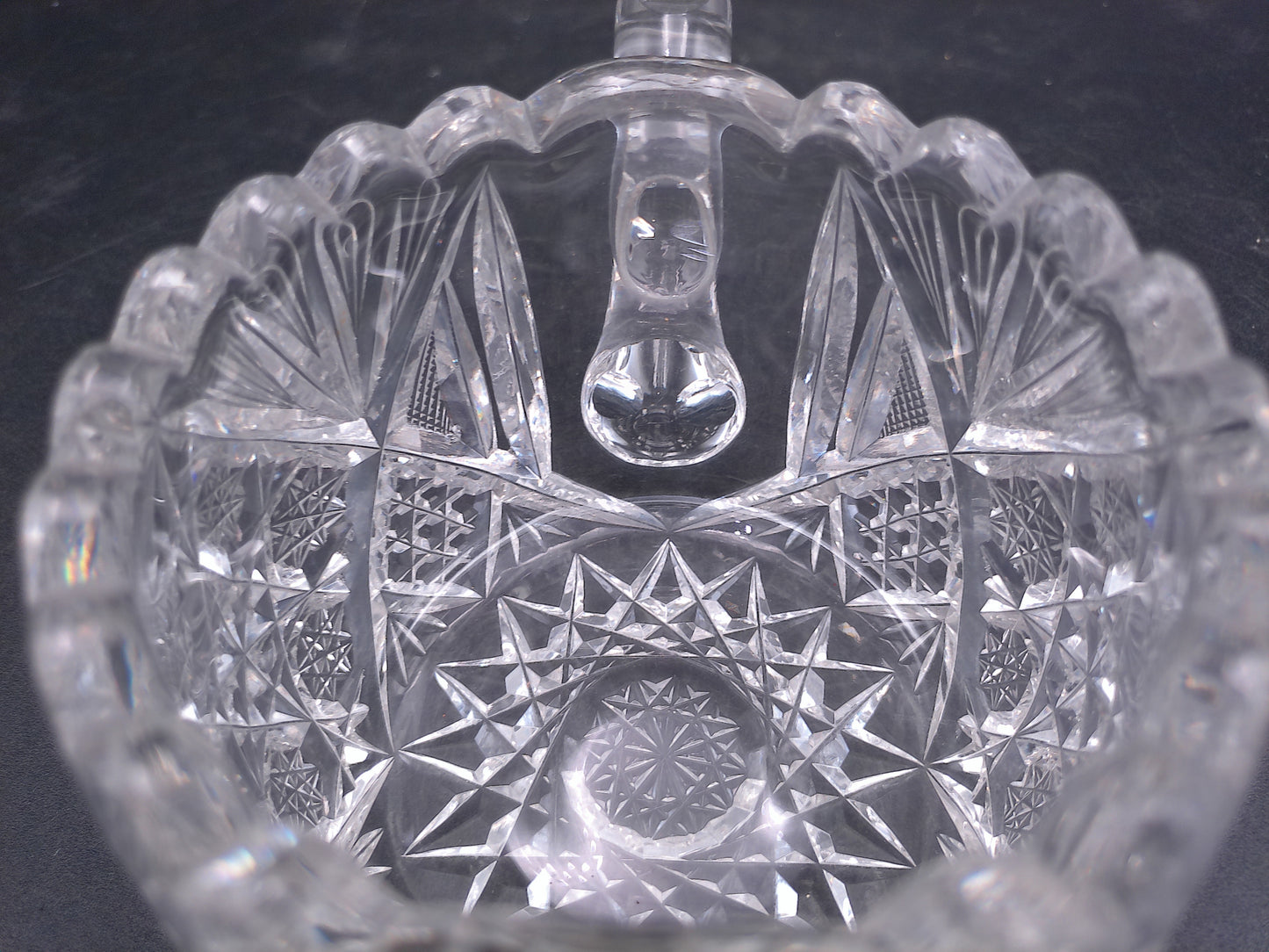 Lead Crystal Sugar Bowl Deeply Cut with Intricate Design and Double Handles