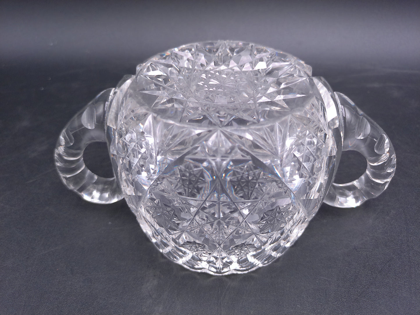 Lead Crystal Sugar Bowl Deeply Cut with Intricate Design and Double Handles