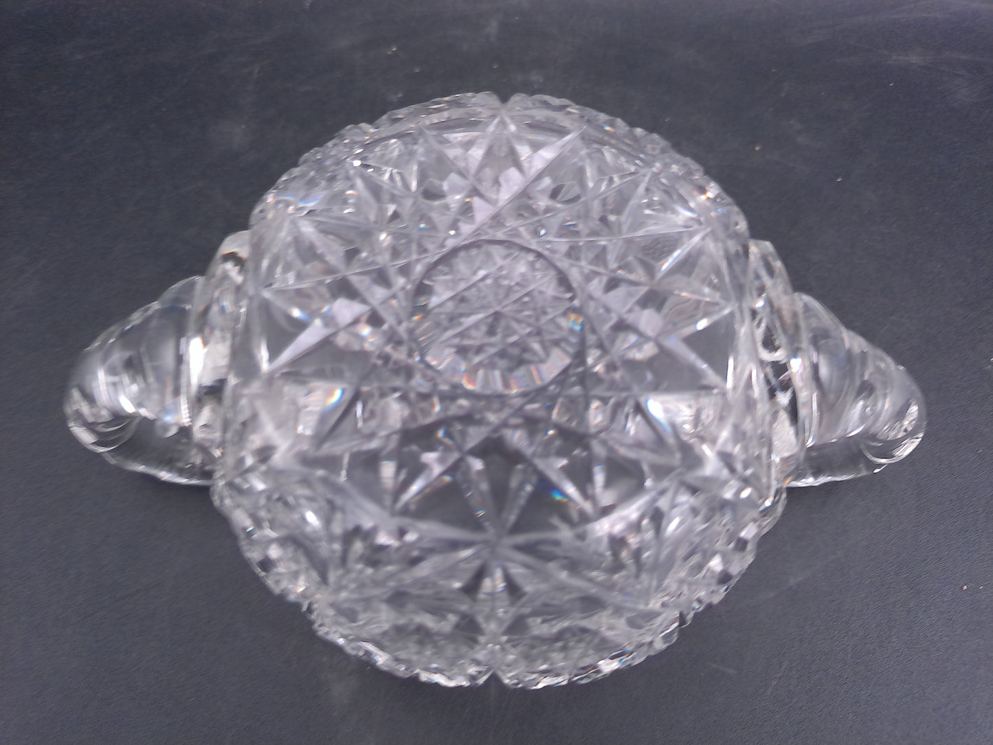 Lead Crystal Sugar Bowl Deeply Cut with Intricate Design and Double Handles