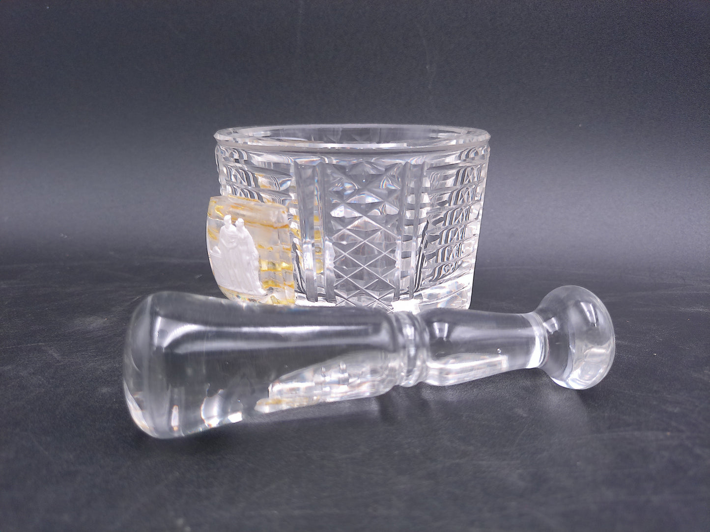 Lead Crystal Glass Mortar and Pestle with Nude Art Figures Rare Vintage