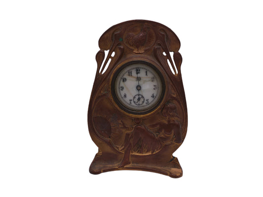 Jennings Brothers Co. Gilt Metal Clock with Rooster and Lady Vintage