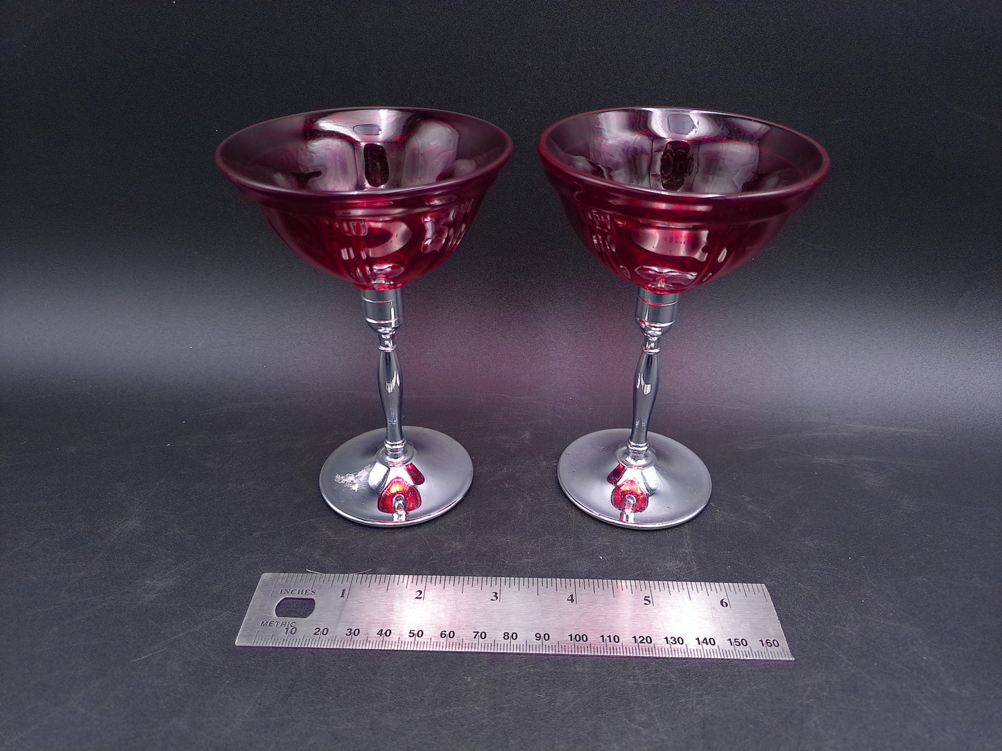 Glass Pair Cordial glasses Red Glass Chrome Stemmed Vintage