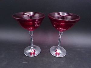 Glass Pair Cordial glasses Red Glass Chrome Stemmed Vintage