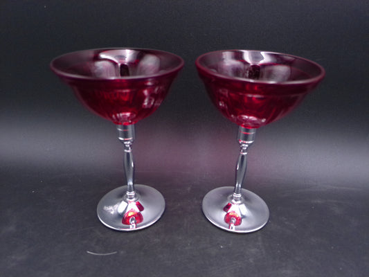 Glass Pair Cordial glasses Red Glass Chrome Stemmed Vintage