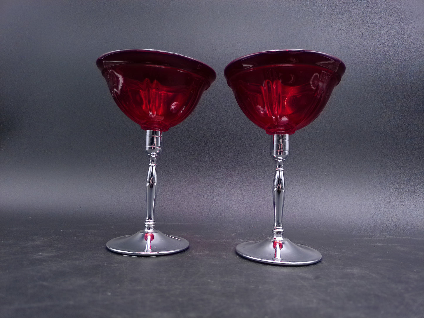 Glass Pair Cordial glasses Red Glass Chrome Stemmed Vintage