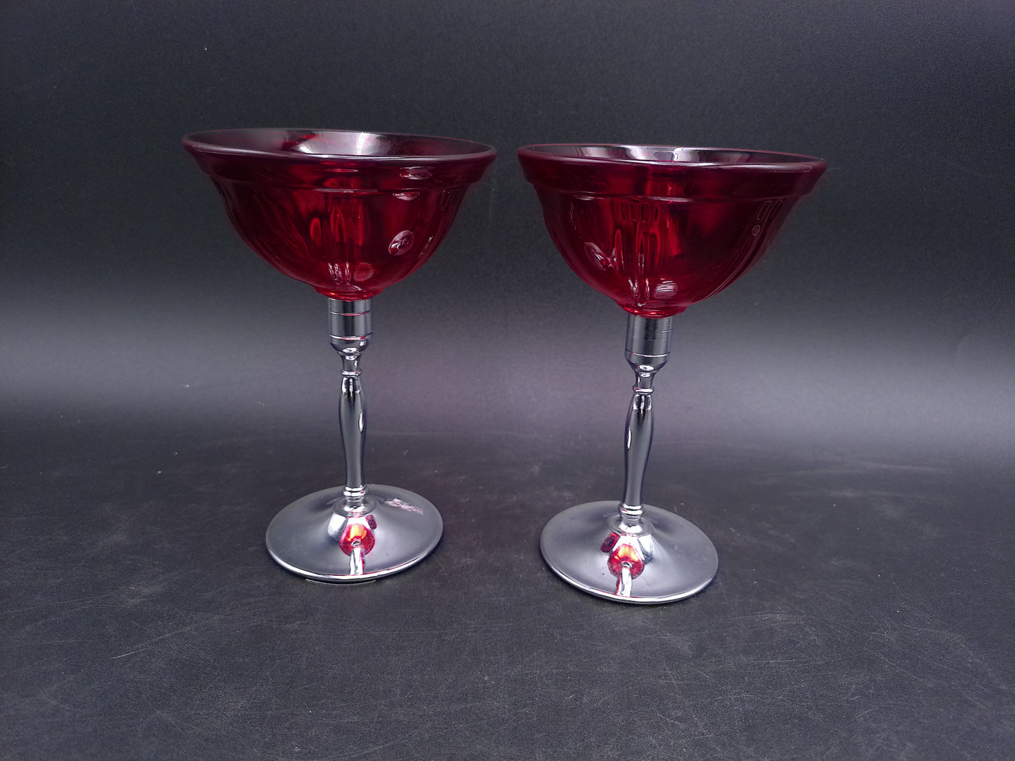 Glass Pair Cordial glasses Red Glass Chrome Stemmed Vintage
