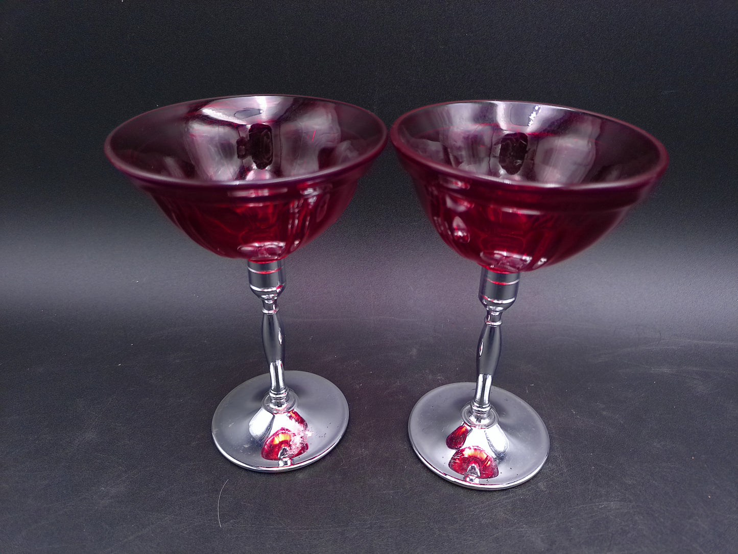 Glass Pair Cordial glasses Red Glass Chrome Stemmed Vintage
