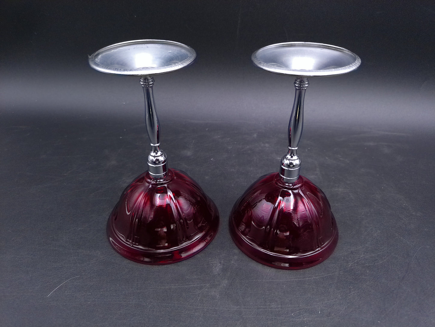 Glass Pair Cordial glasses Red Glass Chrome Stemmed Vintage