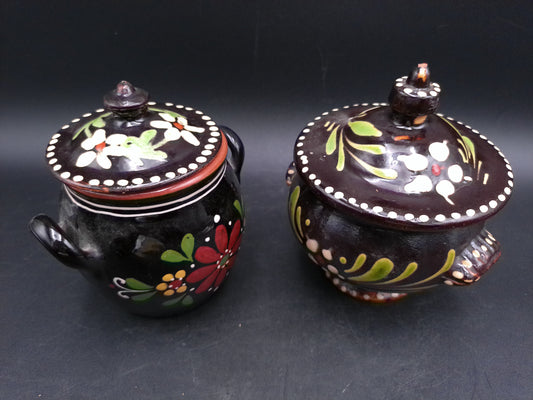Pair of 2  Double Handled Sugar Bowls w/ Lids Floral Designs
