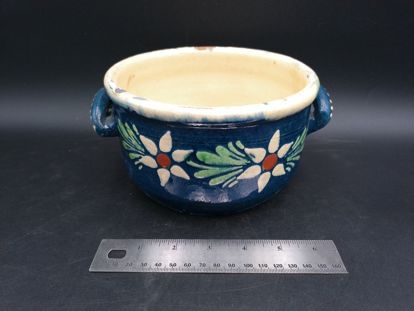 Cermanic Hand Painted Pot Bowl with Handles Vintage Floral Design