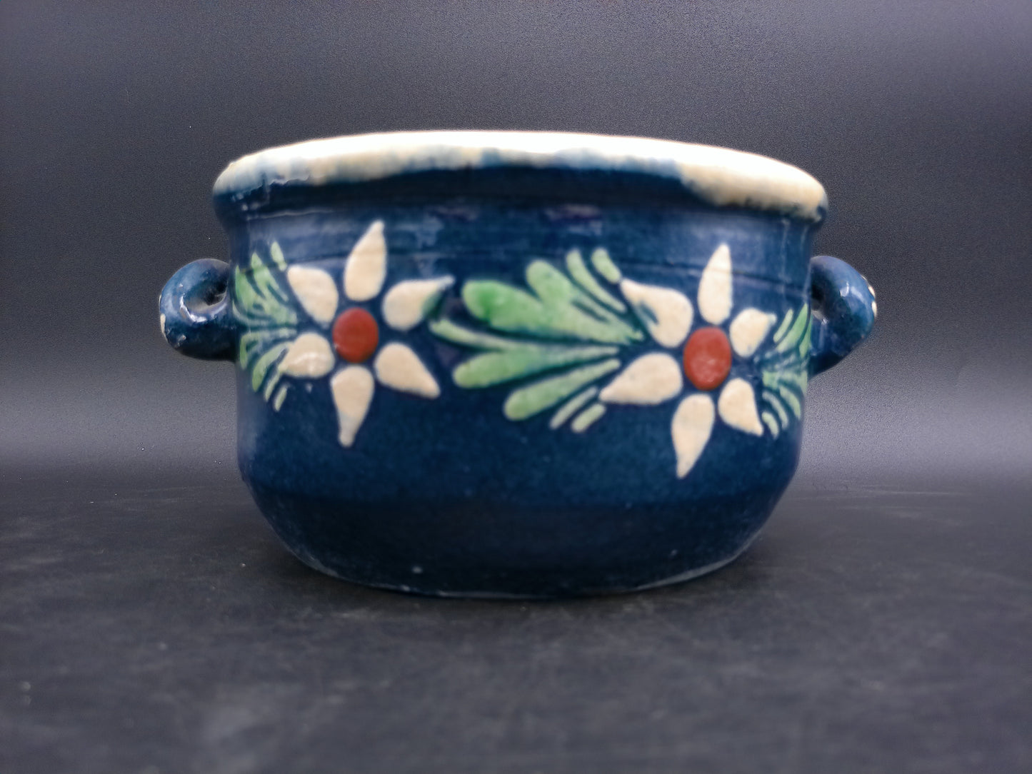 Cermanic Hand Painted Pot Bowl with Handles Vintage Floral Design