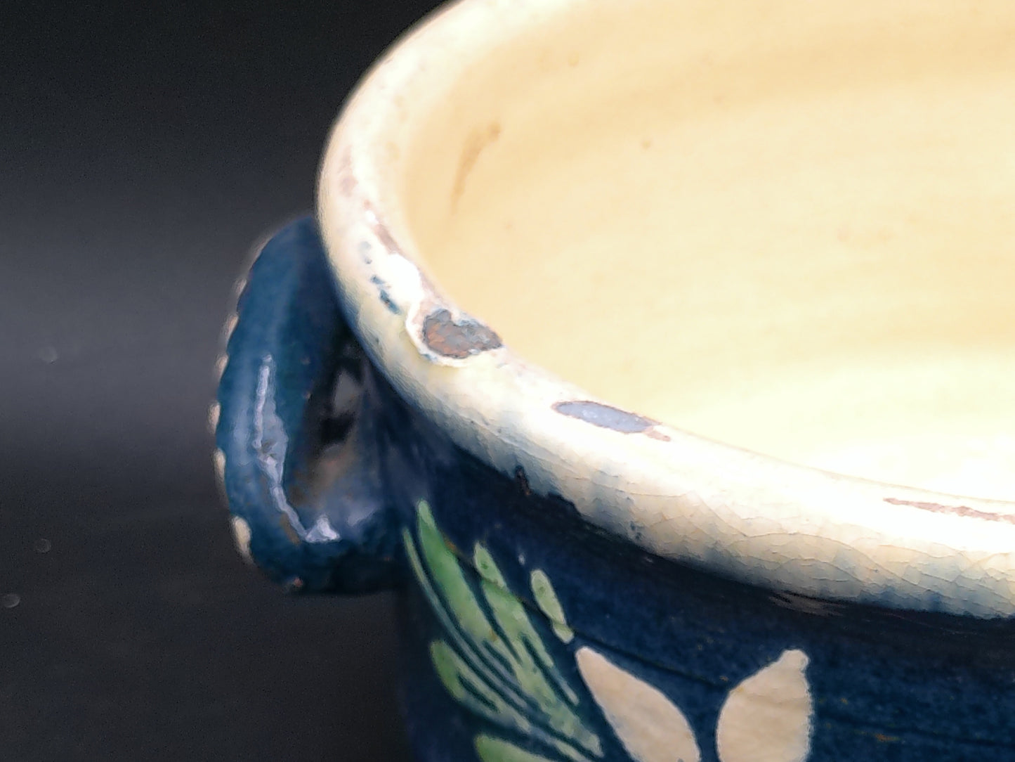 Cermanic Hand Painted Pot Bowl with Handles Vintage Floral Design