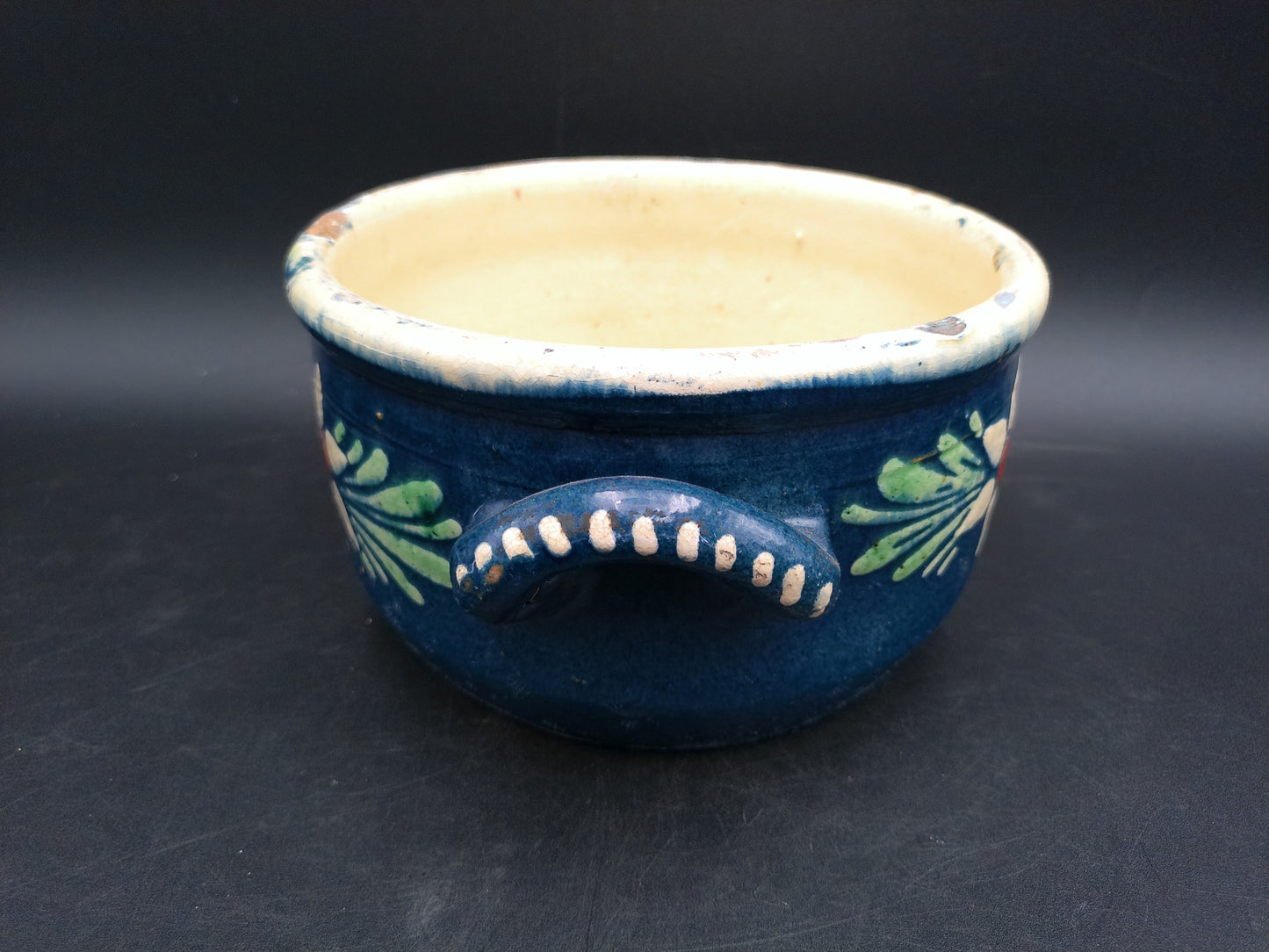 Cermanic Hand Painted Pot Bowl with Handles Vintage Floral Design