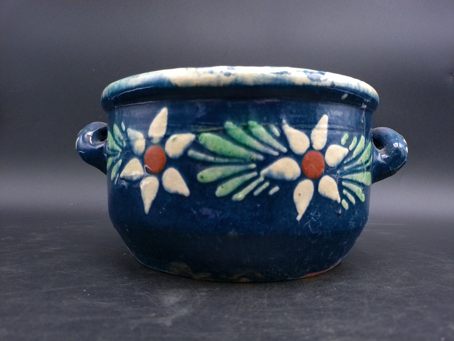 Cermanic Hand Painted Pot Bowl with Handles Vintage Floral Design