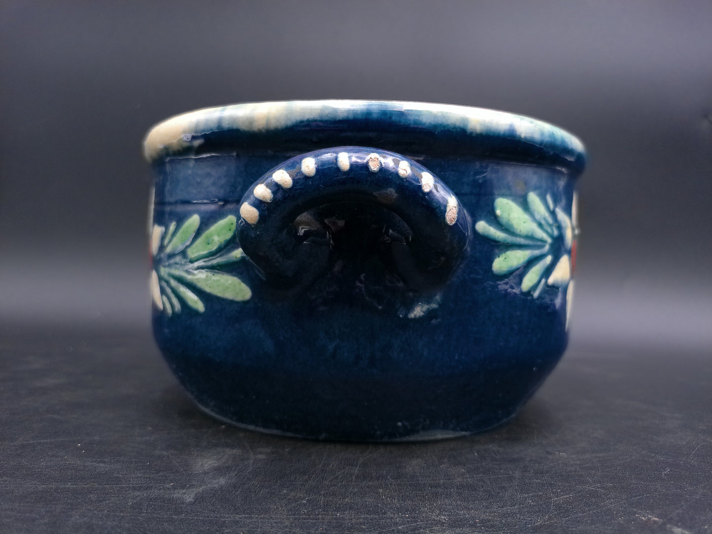 Cermanic Hand Painted Pot Bowl with Handles Vintage Floral Design
