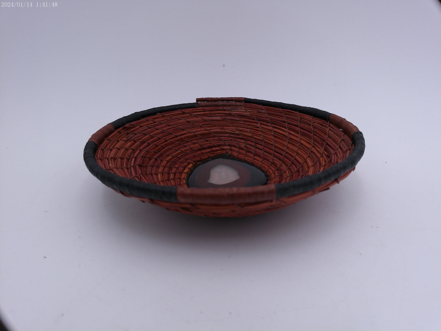 Unique African Pine needle Basket with stone rock in center