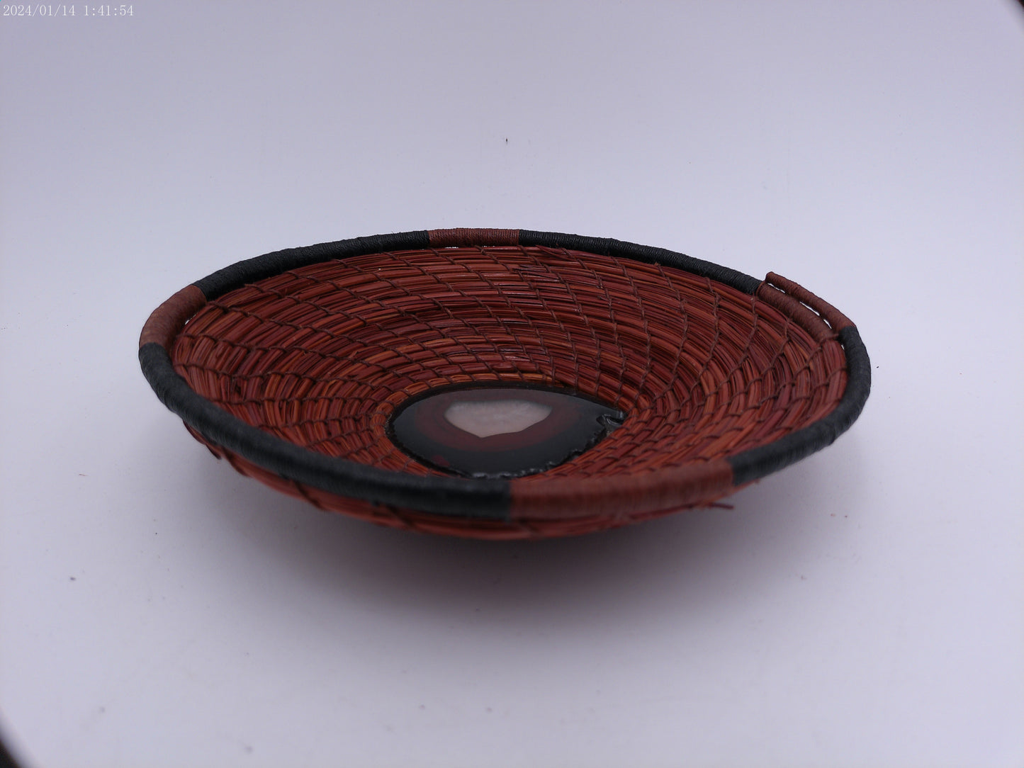 Unique African Pine needle Basket with stone rock in center