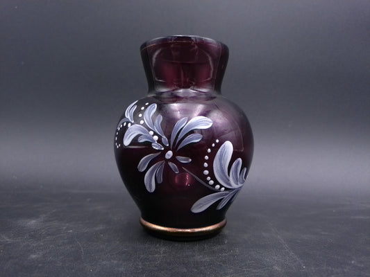 Small  Glass Vase with Foral Design Gold Colored Rim Vintage