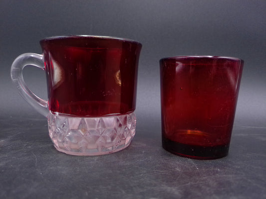 Bavarian Ruby Red Cranberry Cut To Clear Glass Crystal Cup Mug and a Glass