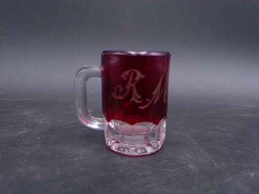 Ruby Red Etched Initials R.M.K.D. Small Shot Glass Vintage