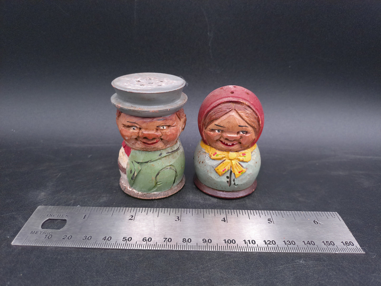 Hand Carved Wooden German Man and Woman Salt and Pepper Shakers Vintage