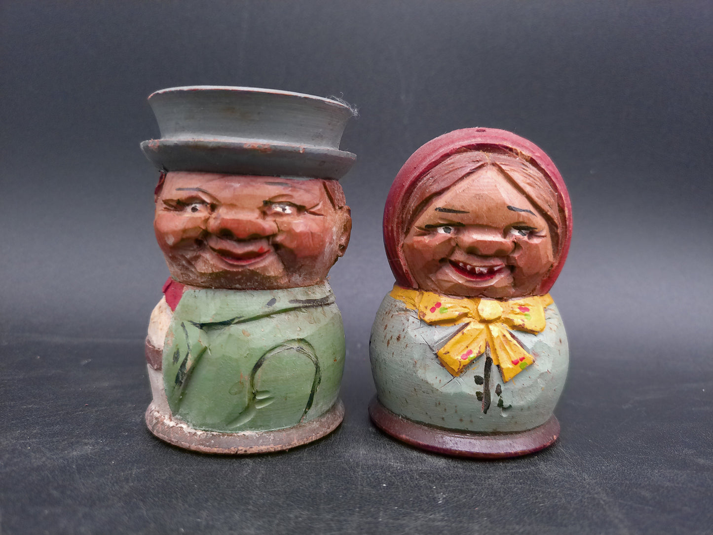 Hand Carved Wooden German Man and Woman Salt and Pepper Shakers Vintage
