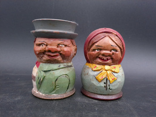 Hand Carved Wooden German Man and Woman Salt and Pepper Shakers Vintage