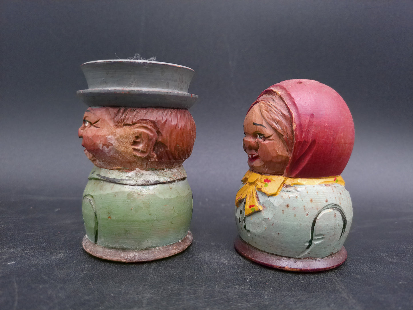 Hand Carved Wooden German Man and Woman Salt and Pepper Shakers Vintage