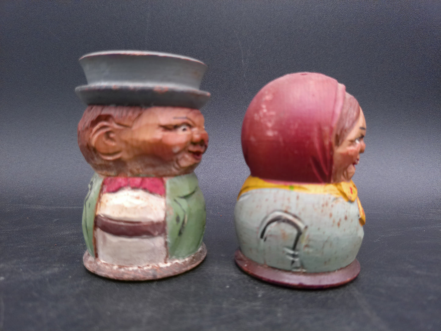 Hand Carved Wooden German Man and Woman Salt and Pepper Shakers Vintage