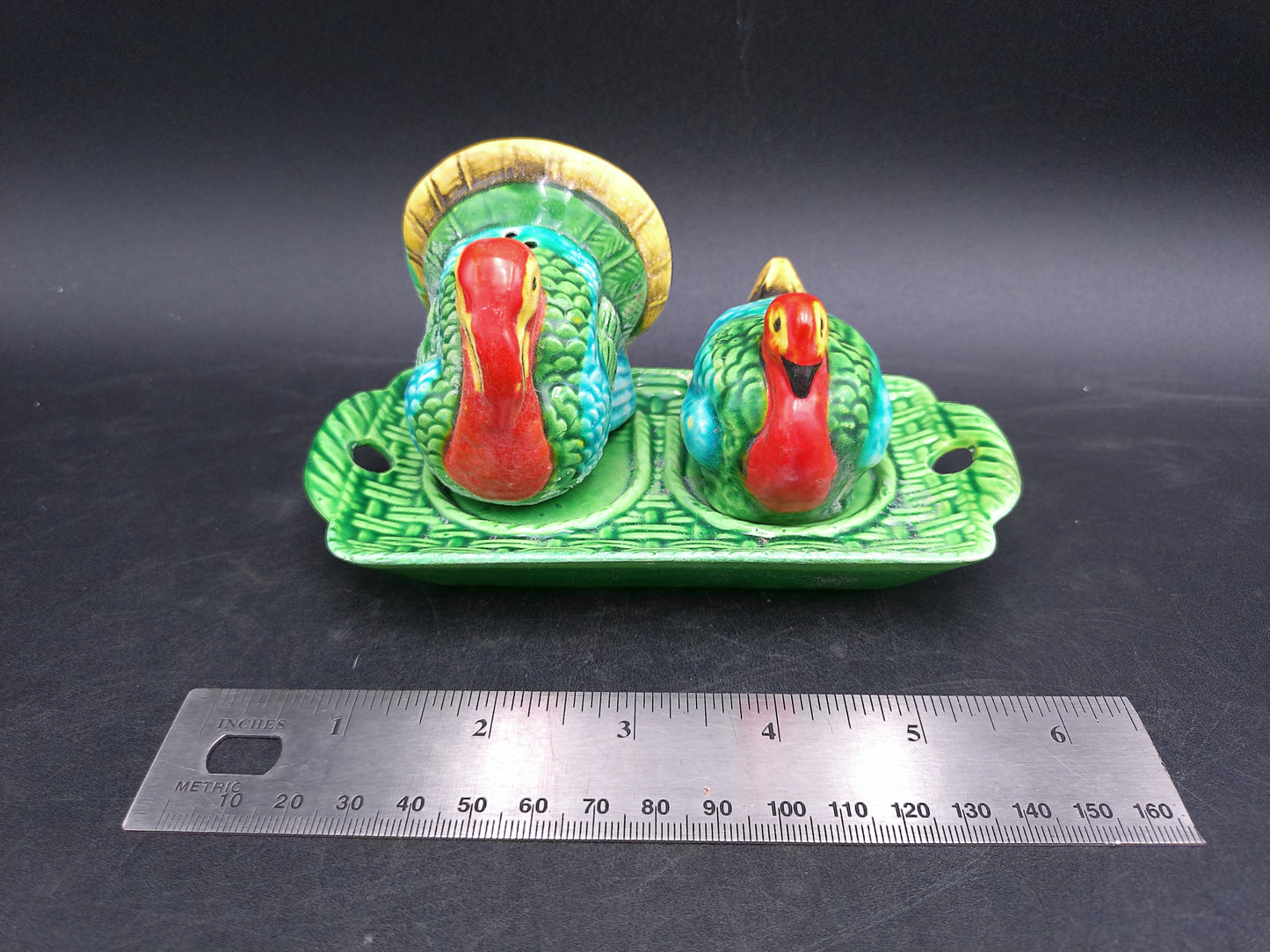 Salt & Pepper Shakers  1940's Tom Turkey and Hen with Tray