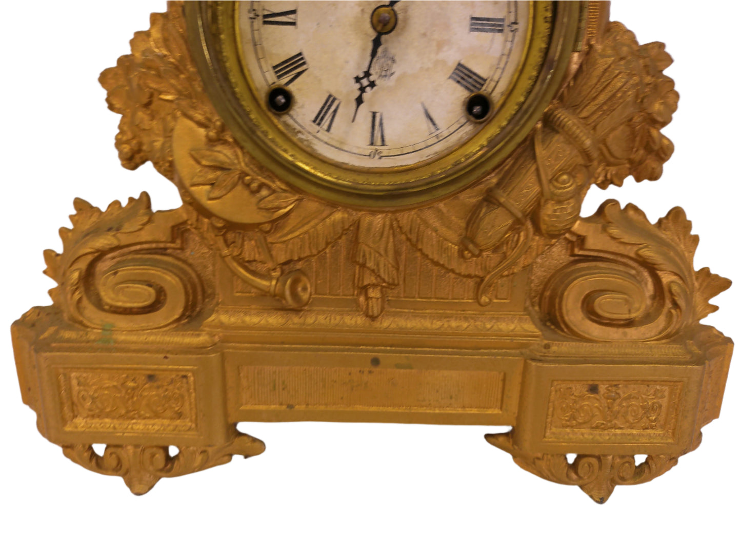 Ornate antique Gold painted Metal Clock With Wood Backing