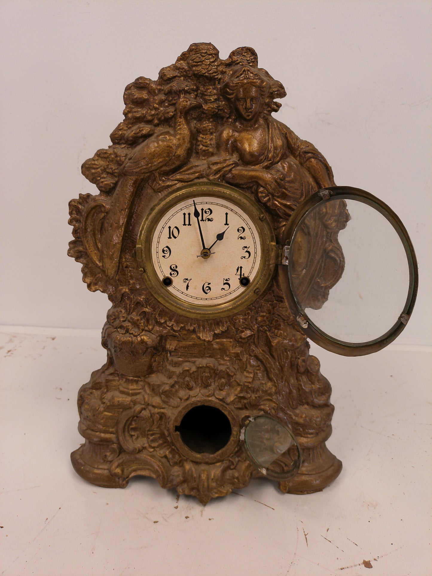 Nicholas Muller & Sons Lady Peacock  gold Cast Iron Mantel Clock #2