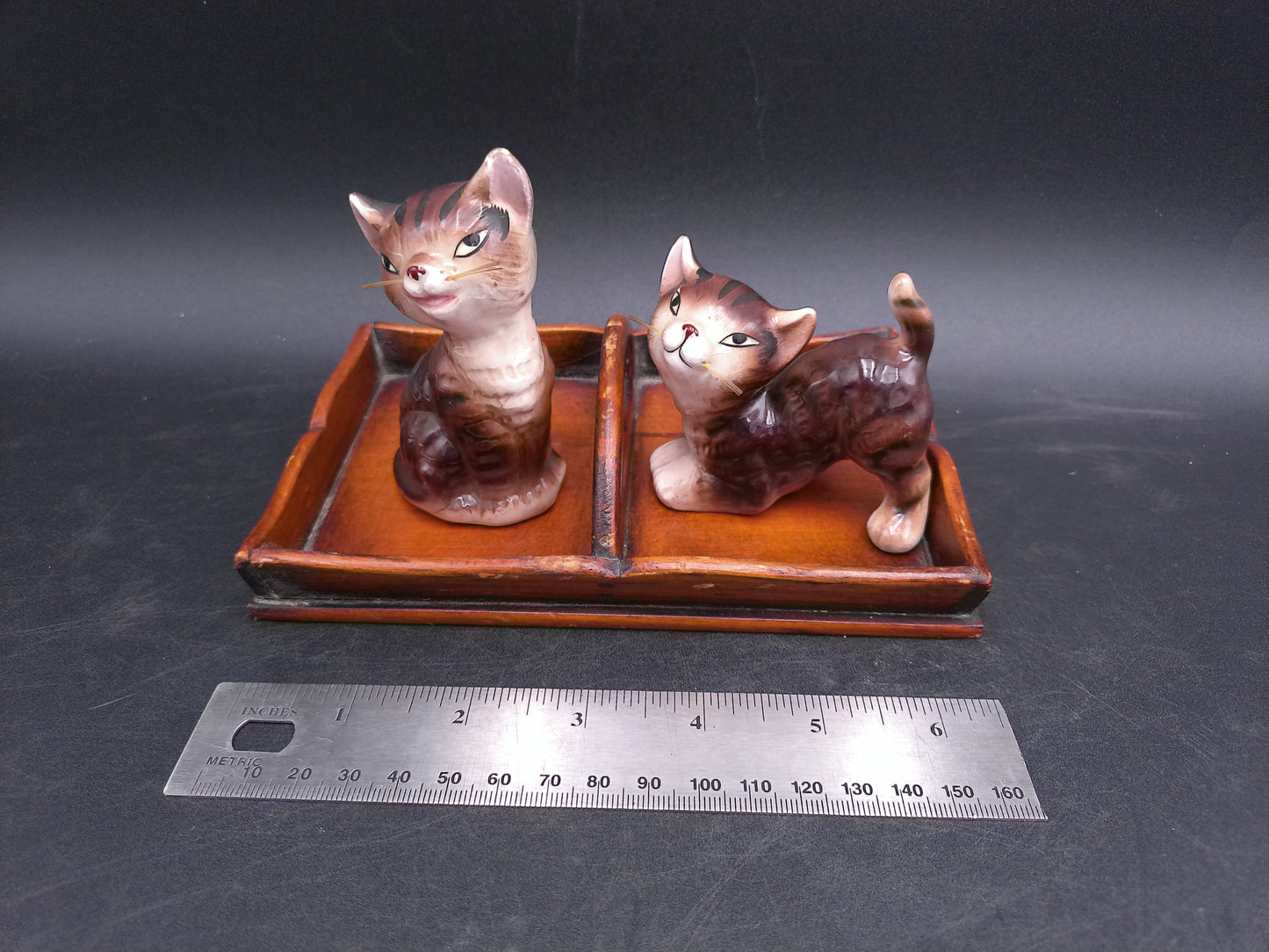 Salt and Pepper Shakers  Two Cute Cats with Tray Made in Japan Vintage
