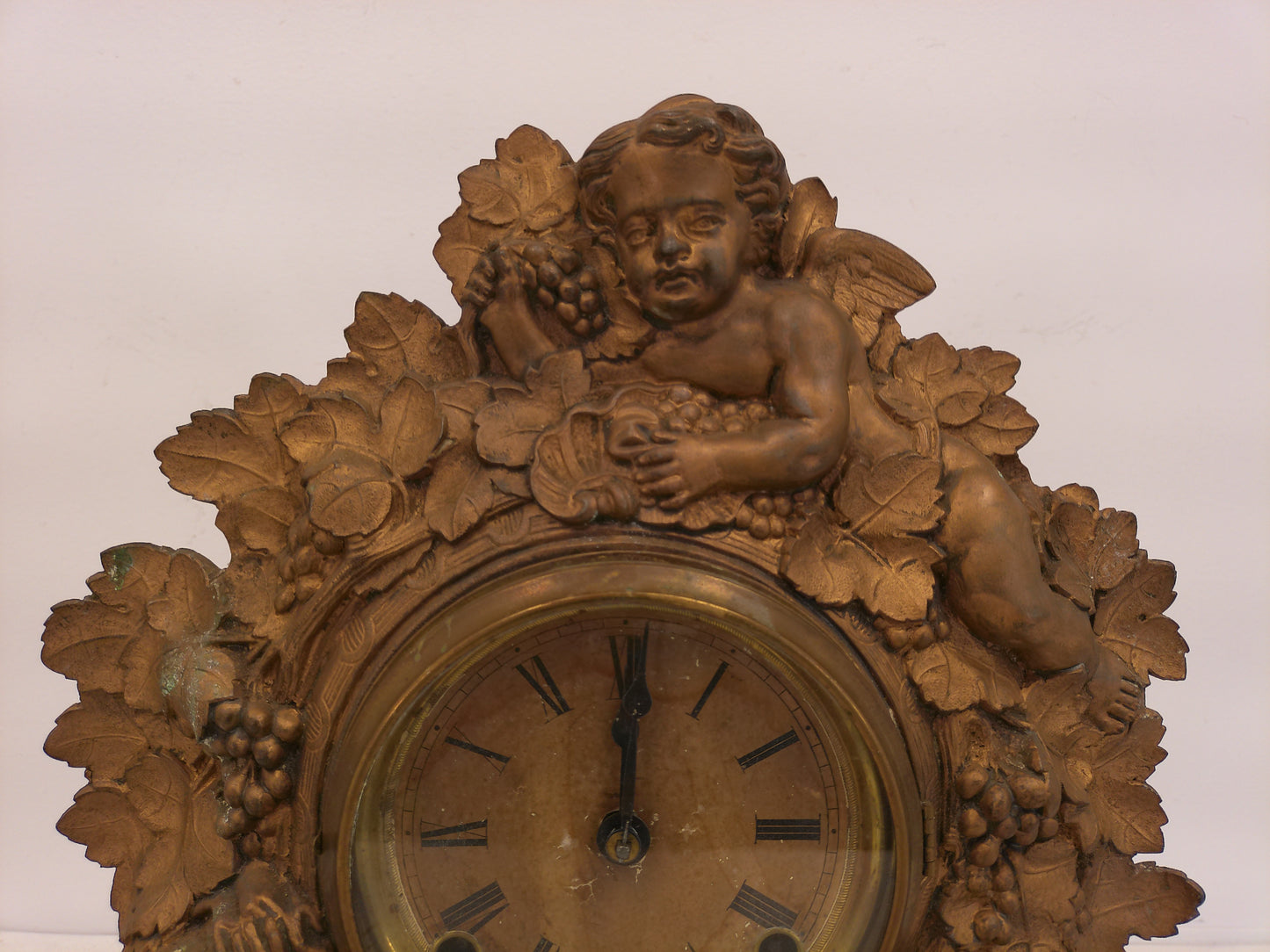 American gilt Cast Iron and Wood Figural Mantel Clock Antique