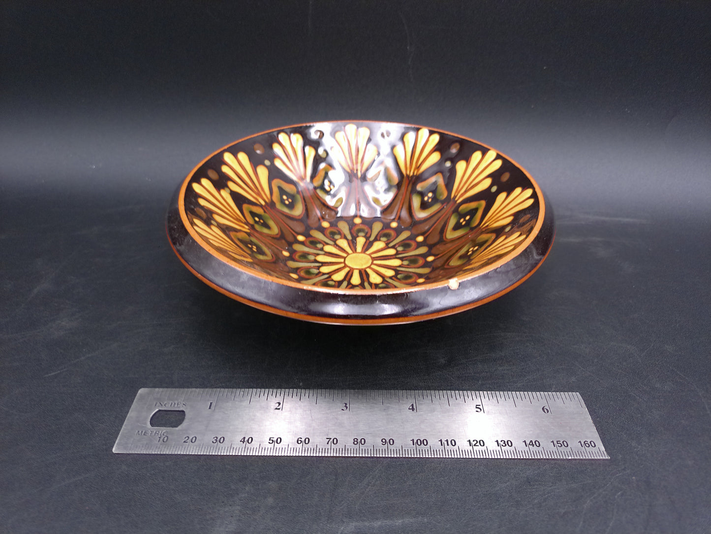 Handmade German Pottery Serving Bowl Signed BEHE. Dark Brown with Yellow Geometric Pattern