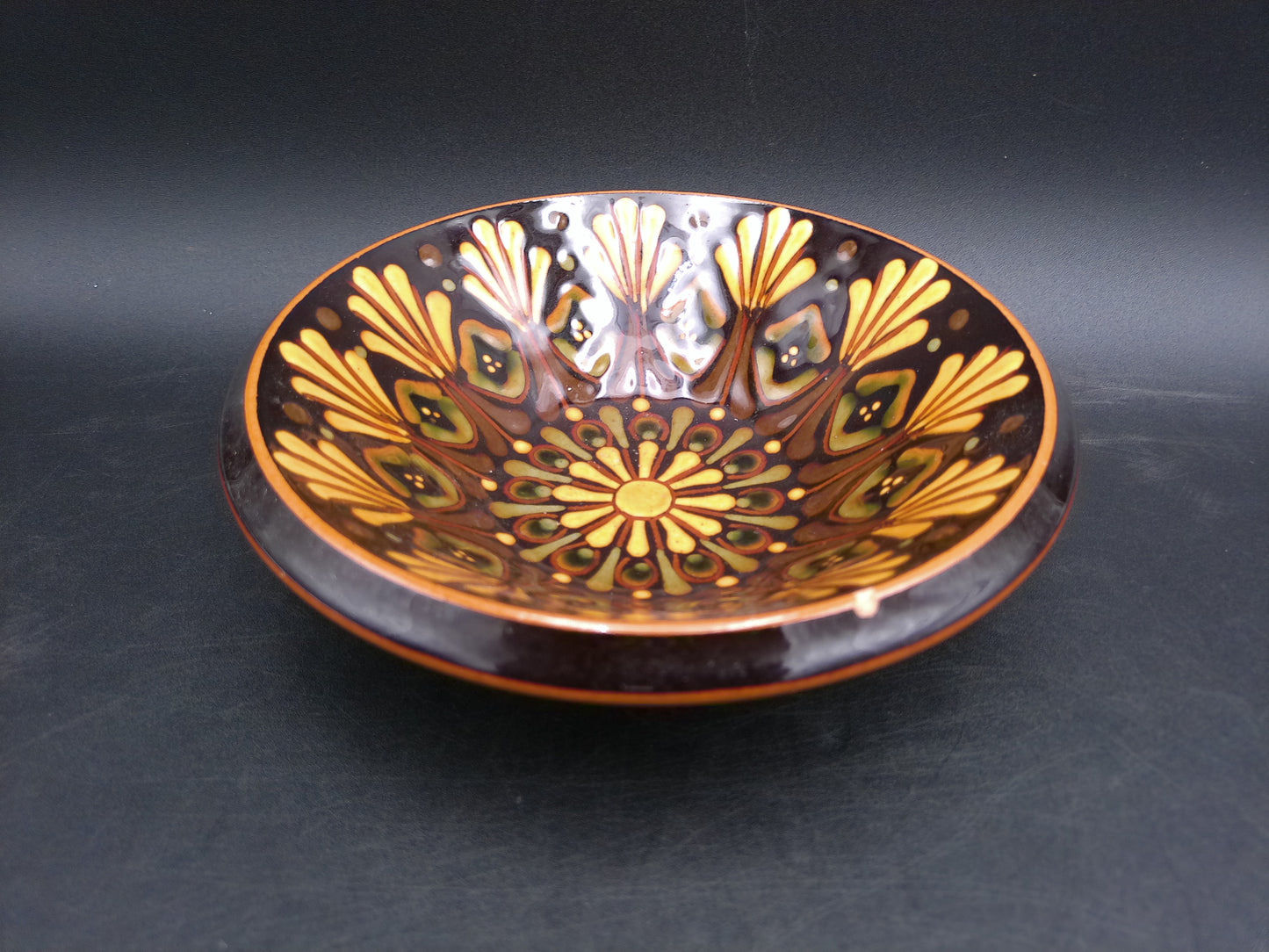 Handmade German Pottery Serving Bowl Signed BEHE. Dark Brown with Yellow Geometric Pattern