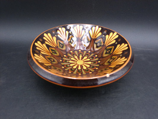 Handmade German Pottery Serving Bowl Signed BEHE. Dark Brown with Yellow Geometric Pattern