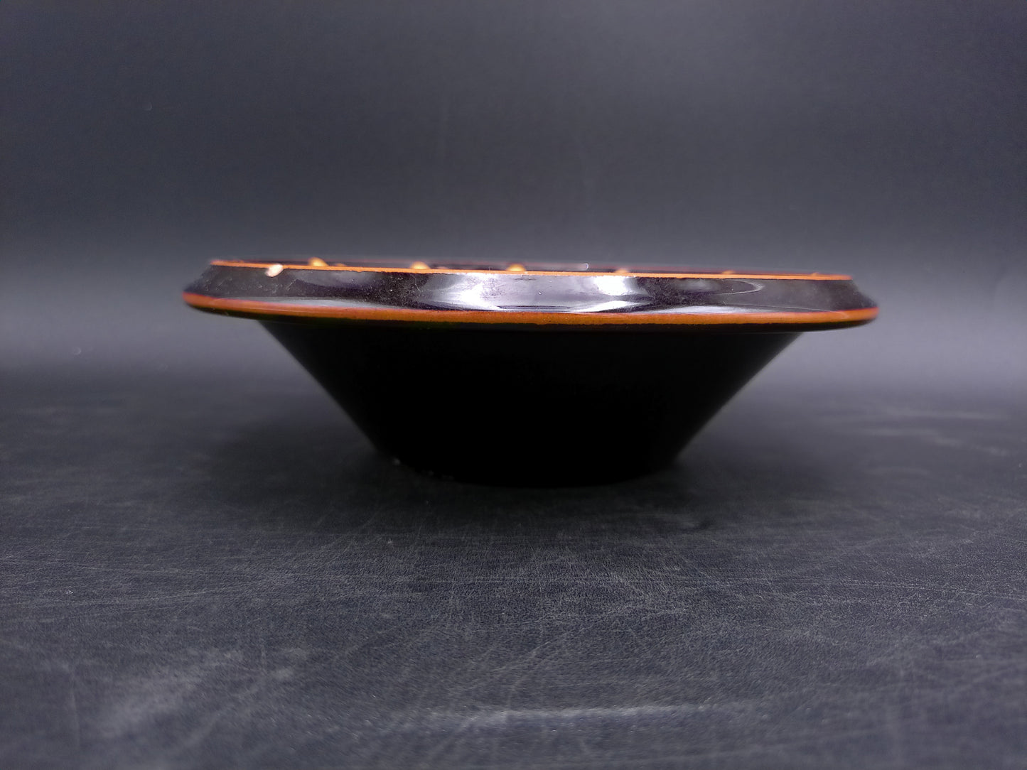 Handmade German Pottery Serving Bowl Signed BEHE. Dark Brown with Yellow Geometric Pattern
