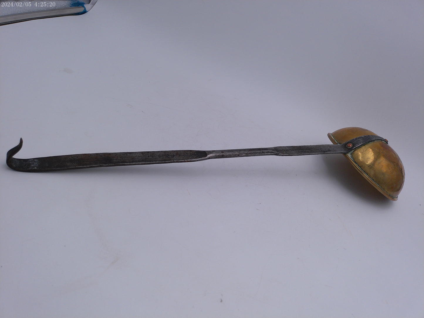 Antique Hand Forged Wrought Iron & Brass Ladle Dipper 21.5" Hook Hanger
