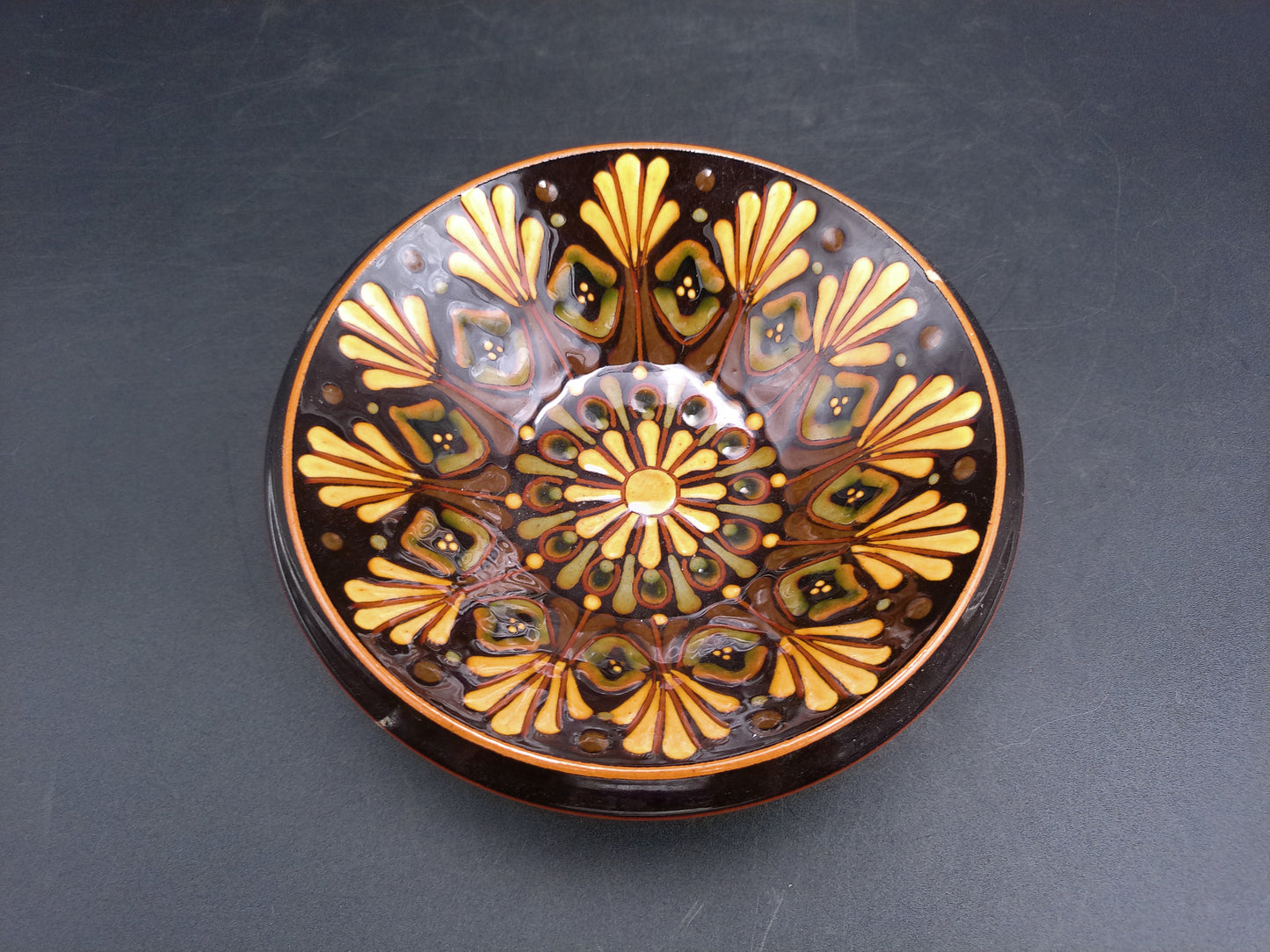 Handmade German Pottery Serving Bowl Signed BEHE. Dark Brown with Yellow Geometric Pattern
