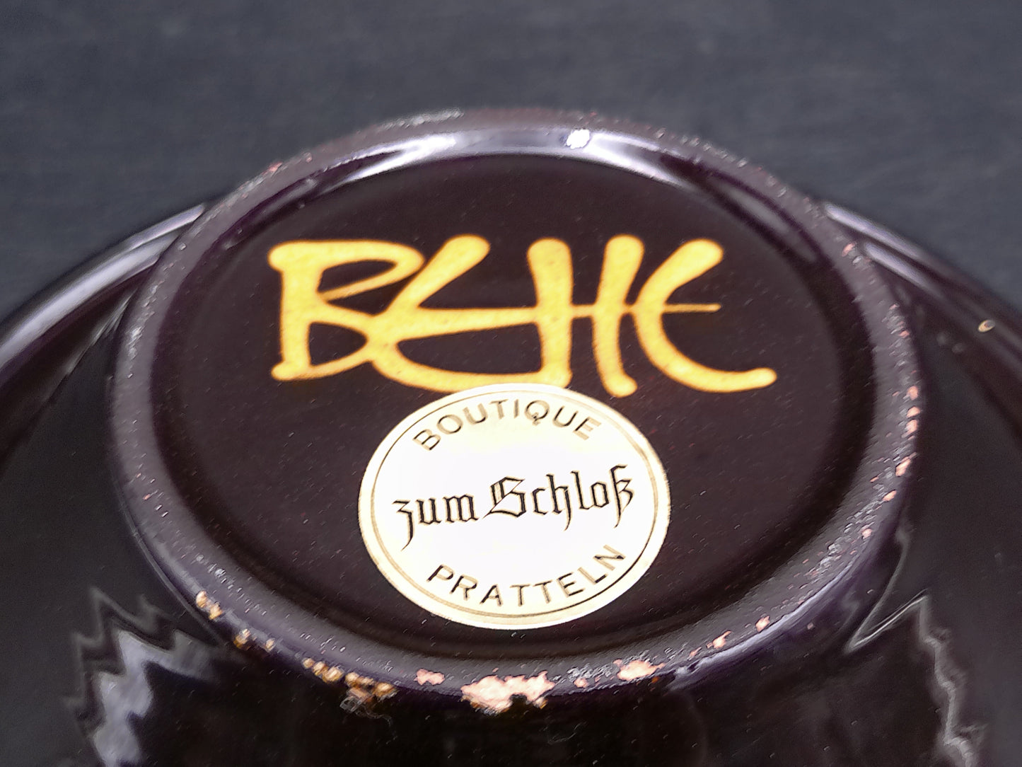 Handmade German Pottery Serving Bowl Signed BEHE. Dark Brown with Yellow Geometric Pattern