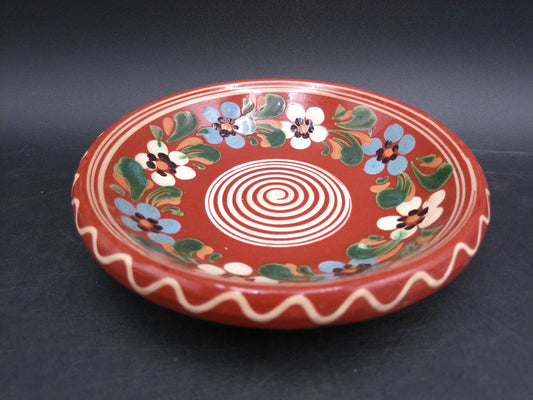 Traditional Hungary Clay Brown Floral Plate Spiral Design Folk Pottery