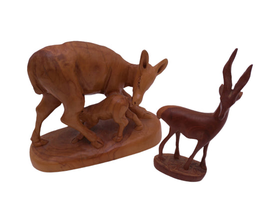 Two Wooden Statue 9" Deer With Fawn Olive Wood and Teak Carved Antelope Deer